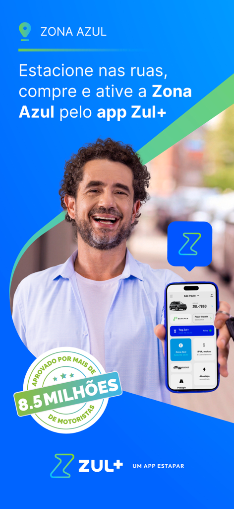 A smiling man holding a smartphone showing the Zul plus app for parking and vehicle management services