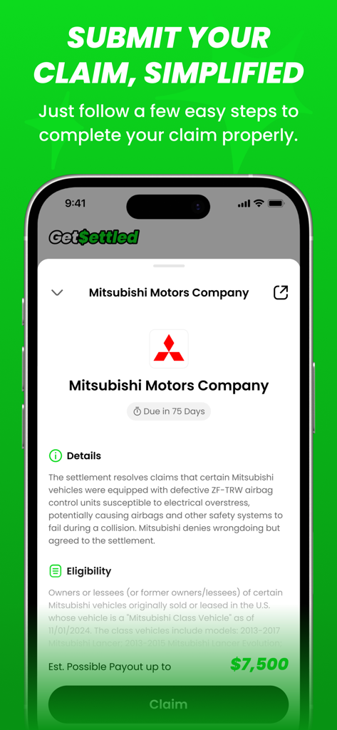 GetSettled 앱 인터페이스, Mitsubishi Motors 소송 합의 세부 정보 표시