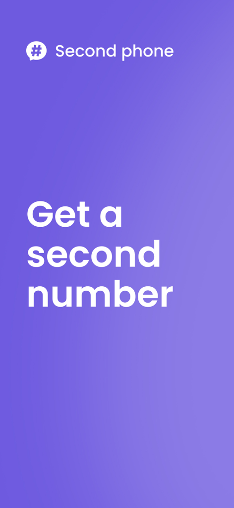 Second Phone Number: 2nd eSIM - セカンド電話番号アプリのスプラッシュスクリーン、紫色の背景に「セカンド番号を取得」と表示