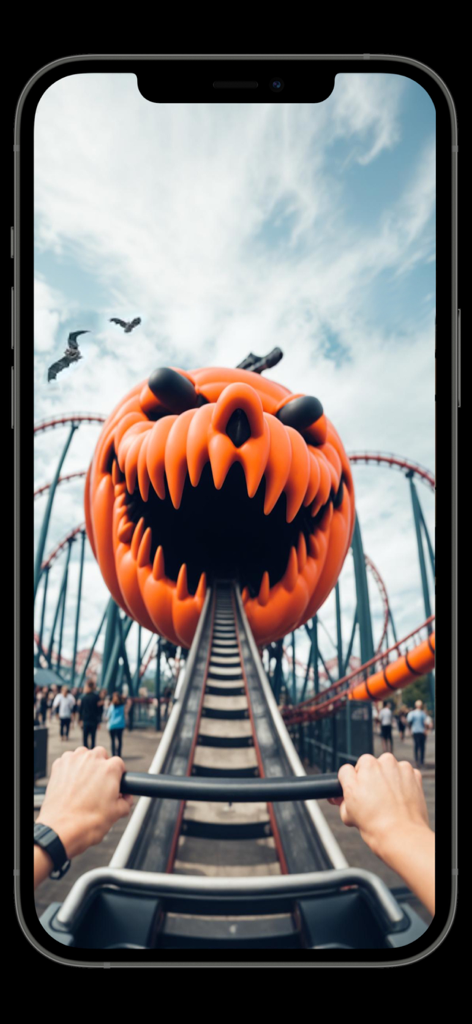 VR Movies 3D - Virtual Reality - First-person view of a 3D VR roller coaster ride entering a giant scary pumpkin.