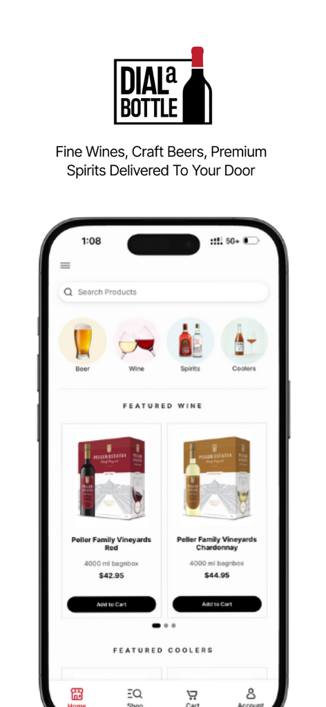 Dial a Bottle mobile app showing alcohol categories and featured wine for delivery