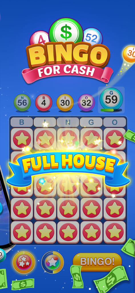 Bingo: Real Money Game - A Bingo for Cash game screen showing a full house win with gold stars on the bingo card and floating dollar bills