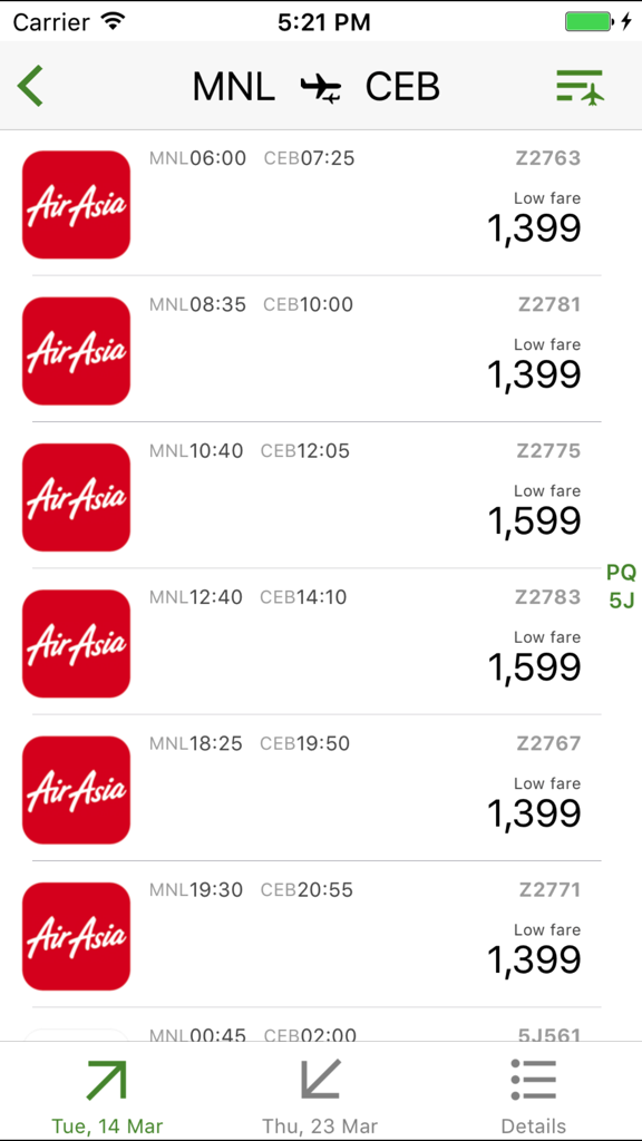 마닐라-세부 구간 에어아시아 국내선 항공편 옵션과 출발 시간, 저렴한 요금을 보여주는 목록