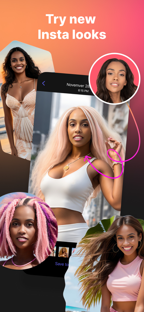 Editor de fotos IA demonstrando diferentes looks e penteados de redes sociais usando tecnologia de troca de rostos