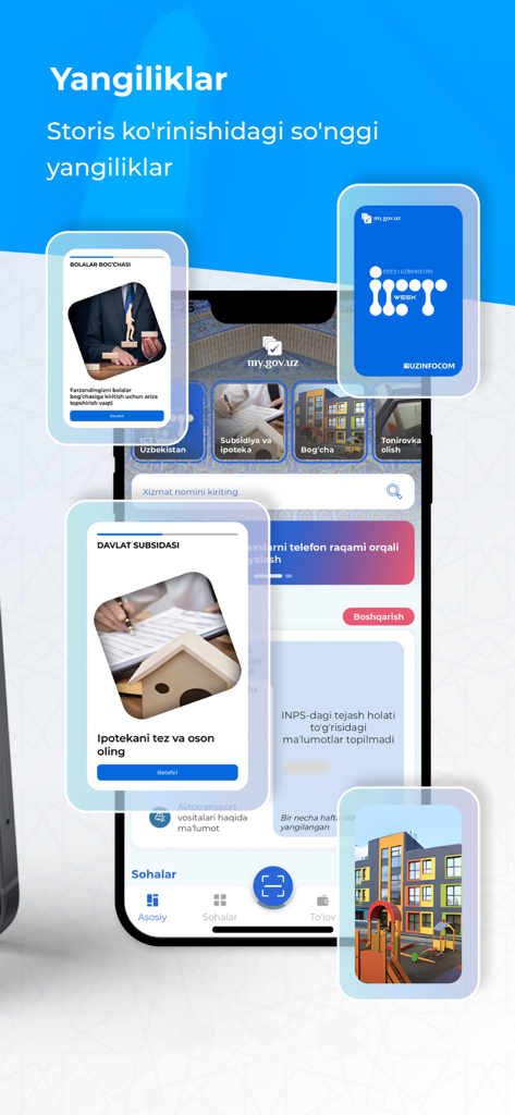 L'interface de l'application MyGov affichant des nouvelles et des services gouvernementaux en Ouzbékistan