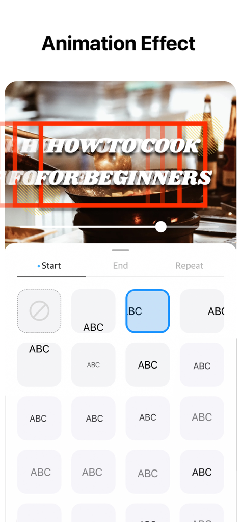 Interfaccia dell'app Vlogr che mostra i preset di animazione del testo per un video tutorial di cucina