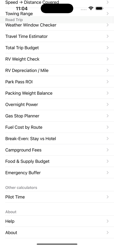 Interfaz de la aplicación que muestra herramientas de viaje por carretera para costos de combustible, mantenimiento de RV y planificación de presupuesto