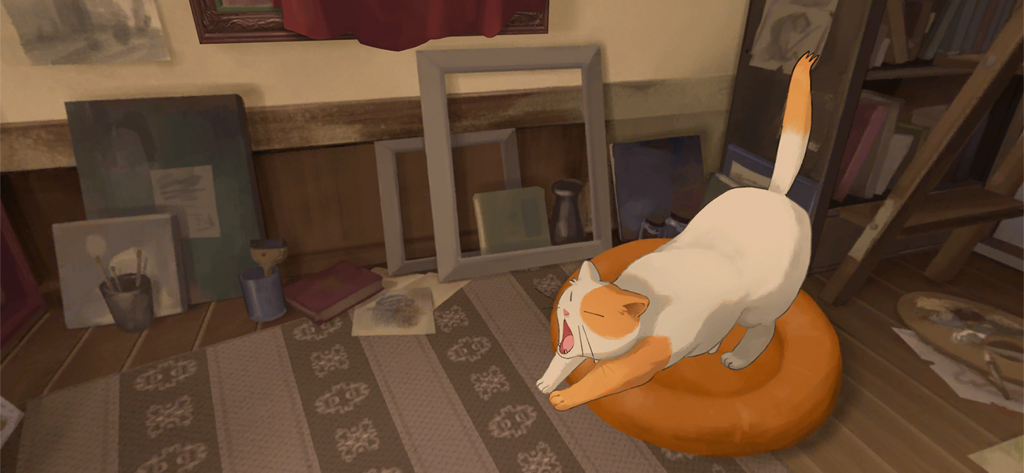 Crunchyroll: Behind the Frame - A hand-animated orange and white cat stretching on a cushion in an artist studio