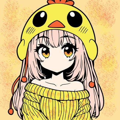 anime girl with chick shaped hat with sweater with bare shoulders with bangs covering them one eye with low tail