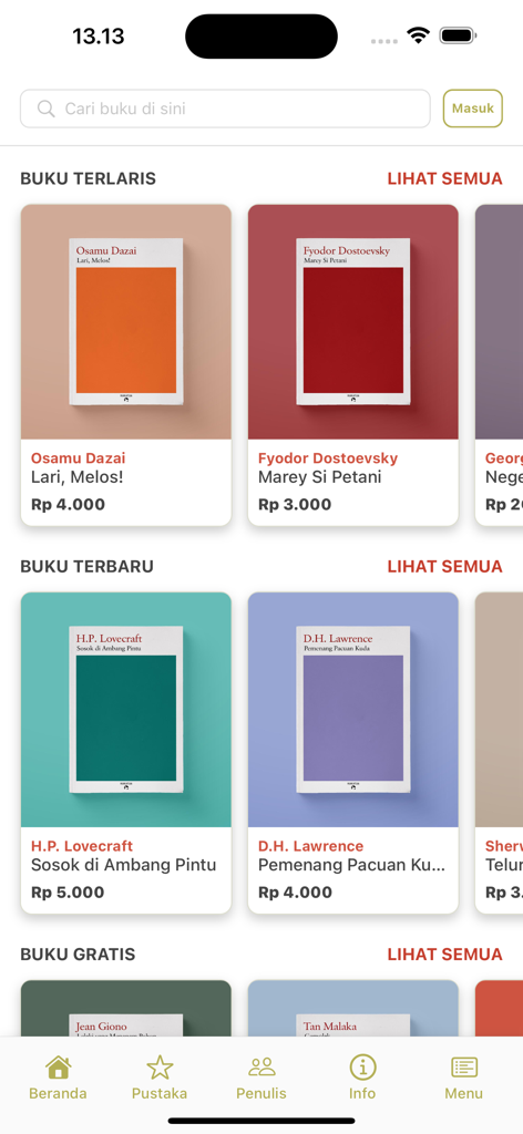 Baca Kakatua - Mobile interface of the Baca Kakatua ebook app displaying popular and new book categories with various covers and prices