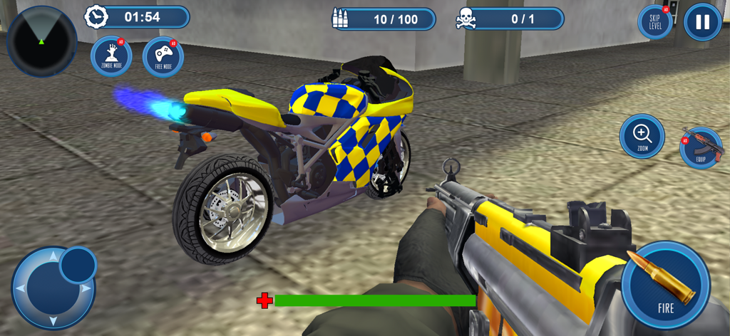 Police Car Chase Gangster Run - First person shooter view in a police game showing a yellow and blue checkered motorcycle and a player holding a rifle
