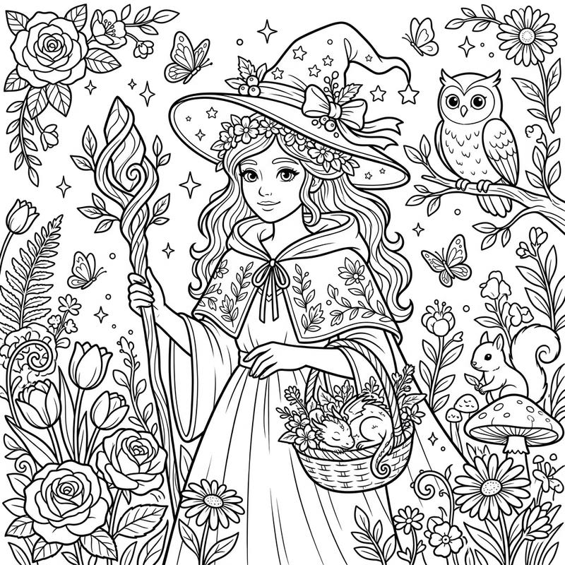 Step into a world where magic and nature intertwine with this enchanting Good Witch coloring page, celebrating the vibrant beauty of spring. Adorned with blooming flowers and friendly woodland creatures, it promises a delightful and relaxing artistic escape.