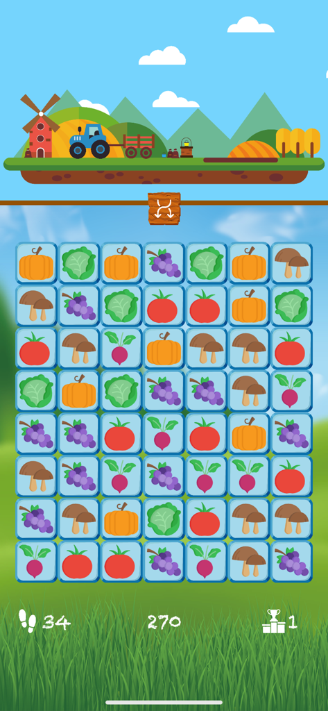 Mama's Farm: Tile Match Game - Gameplay screenshot of Mama's Farm Tile Match Game showing a grid of vegetable tiles and a farm themed background