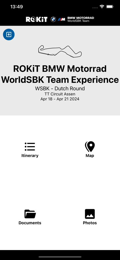 ROKiT BMW Motorrad WorldSBK - O painel ROKiT BMW Motorrad WorldSBK Team Experience mostrando os detalhes do evento para a Rodada Holandesa no TT Circuit Assen com ícones de navegação para mapa do itinerário, documentos e fotos.