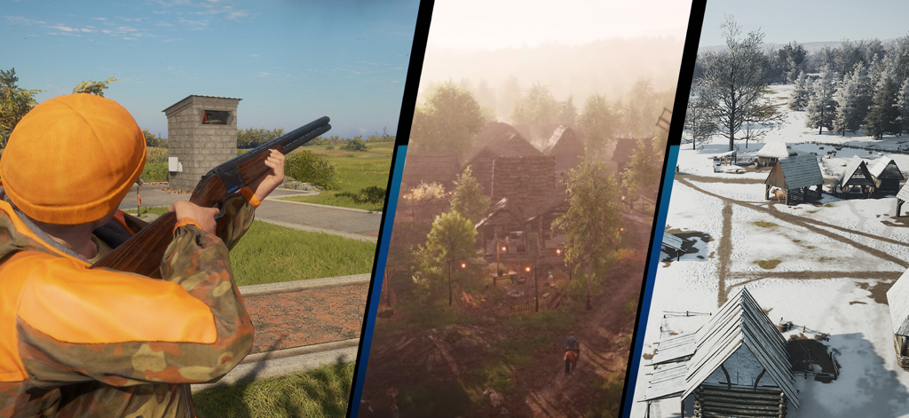 Hunting Games Bird Hunter 2025 - Gameplay scenes showing a hunter aiming a gun and different forest and snowy village environments