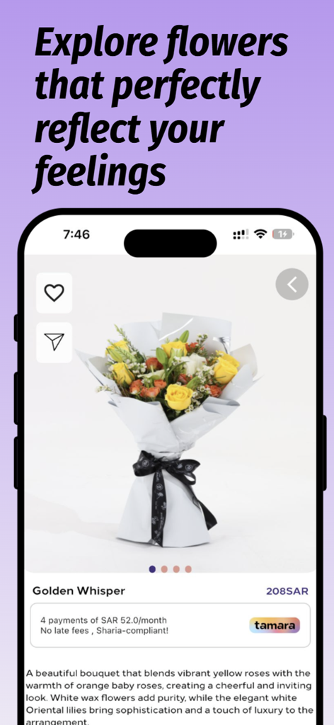 Mobile app screenshot of Spring Rose showing a Golden Whisper bouquet of yellow and orange roses