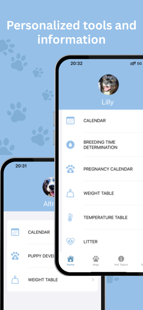 Dashboard der Puppy-Center App mit personalisierten Werkzeugen für die Hundezucht, wie Trächtigkeitskalender und Gewichtstabellen.