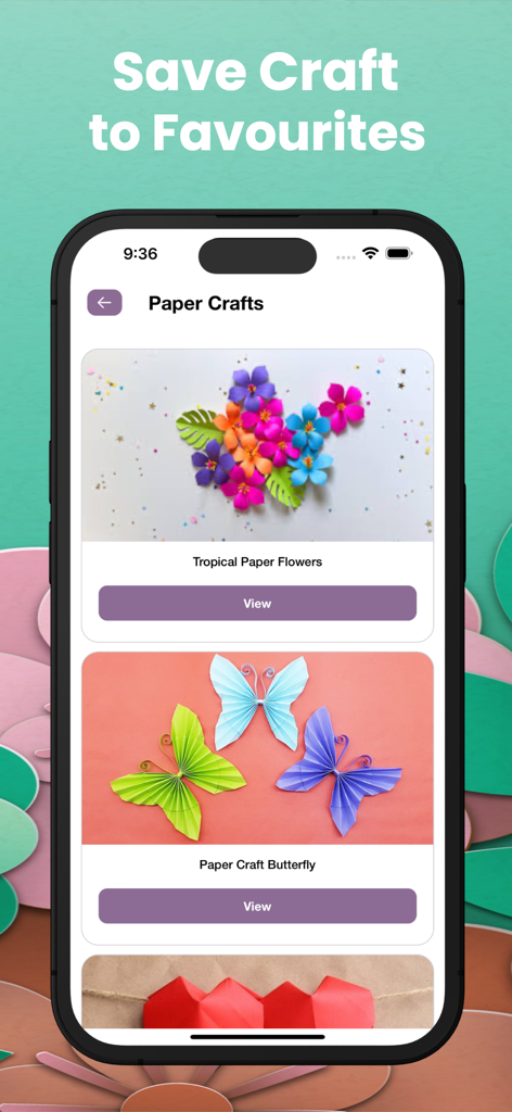 DIY: Learn Craft Offline - Una pantalla de iPhone de la aplicación DIY Learn Craft Offline que muestra proyectos de manualidades en papel, incluidas flores tropicales y mariposas, con una función para guardarlos en favoritos.