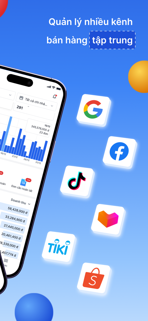 Haravan - Haravan mobile app dashboard showing sales statistics with integrated platform icons for Facebook TikTok Lazada and Shopee