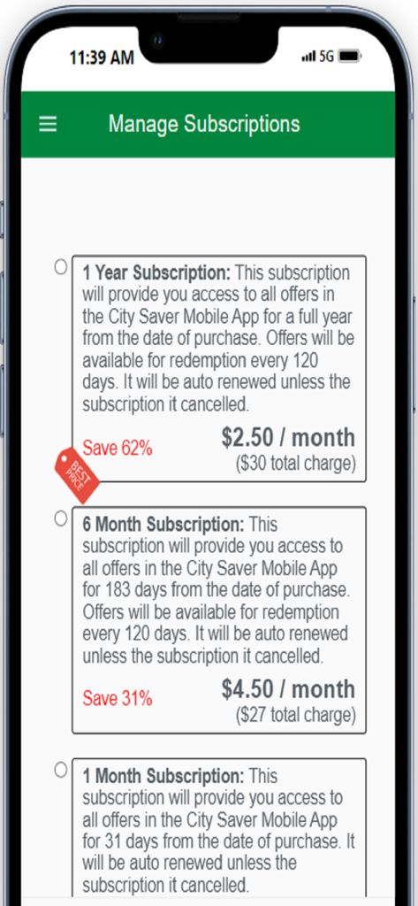 City Saver Mobile Plus - Subscription management screen in the City Saver Mobile Plus app showing yearly and monthly pricing plans with savings percentages.