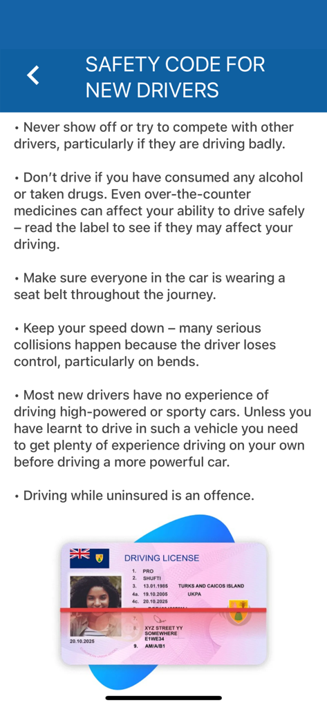 Turks & Caicos Driving Theory - Safety rules for new drivers on the Turks and Caicos driving theory app