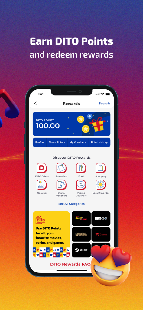 DITO app interface displaying rewards points and redemption options for lifestyle services