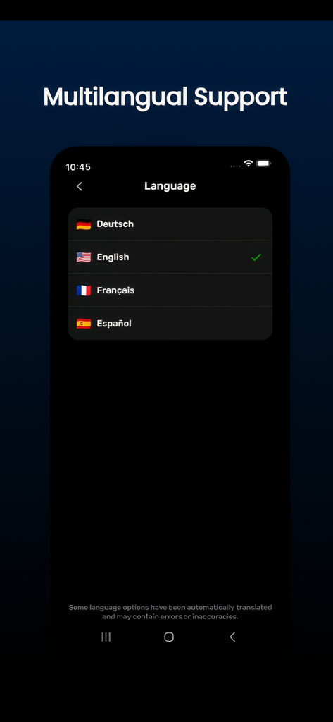 LaunchX: Rocket Launch Tracker - Language selection screen in LaunchX app showing options for English, German, French, and Spanish