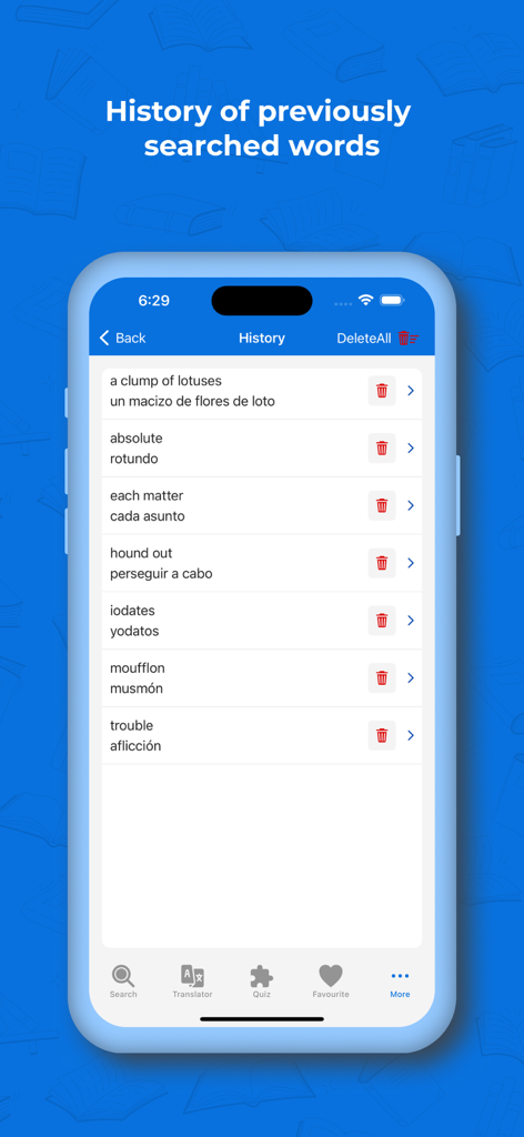 Spanish Dictionary+ Translator - Spanish Dictionary and Translator app history screen showing a list of recently searched words and their translations.