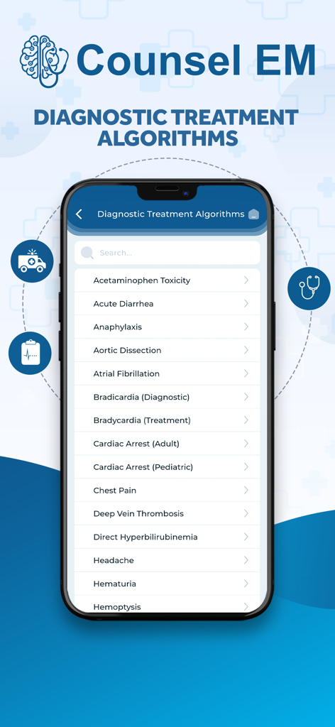Counsel EM - Pantalla de la aplicación móvil Counsel EM que muestra una lista de algoritmos de tratamiento de diagnóstico para afecciones médicas como anafilaxia y paro cardíaco.