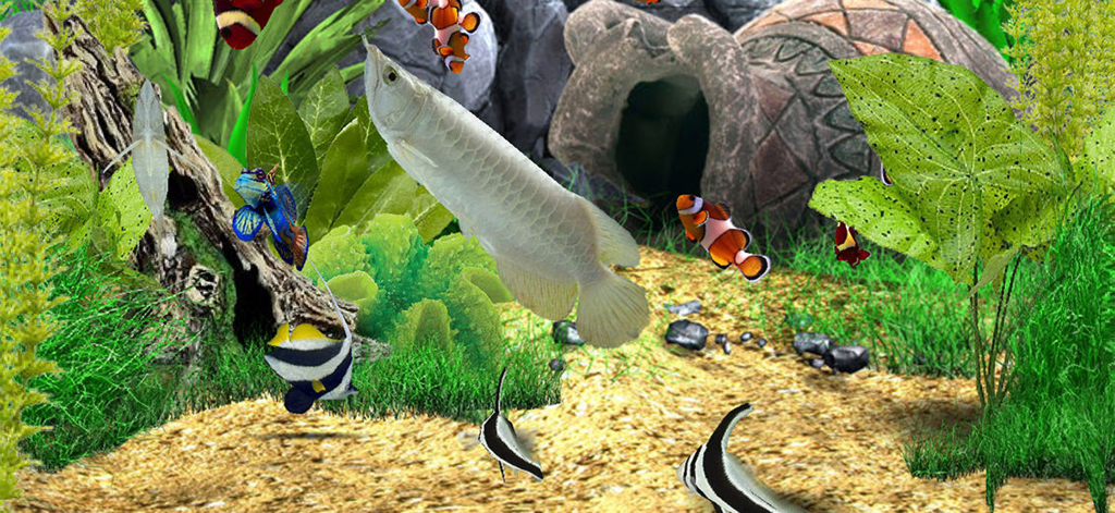 AquaLife 3D - A vibrant 3D virtual aquarium featuring diverse tropical fish and lush underwater plants