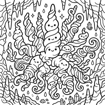 Explore the enchanting beauty of helictites reimagined in an adorable Kawaii style. This unique coloring page brings the wonder of cave formations to life with playful expressions and intricate designs.