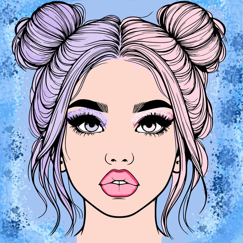 realistic girl with two buns on her hair and lips