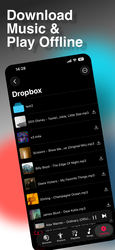 PoseMusic-Offline Music Player - A screenshot of PoseMusic showing music files available for download from Dropbox for offline playback