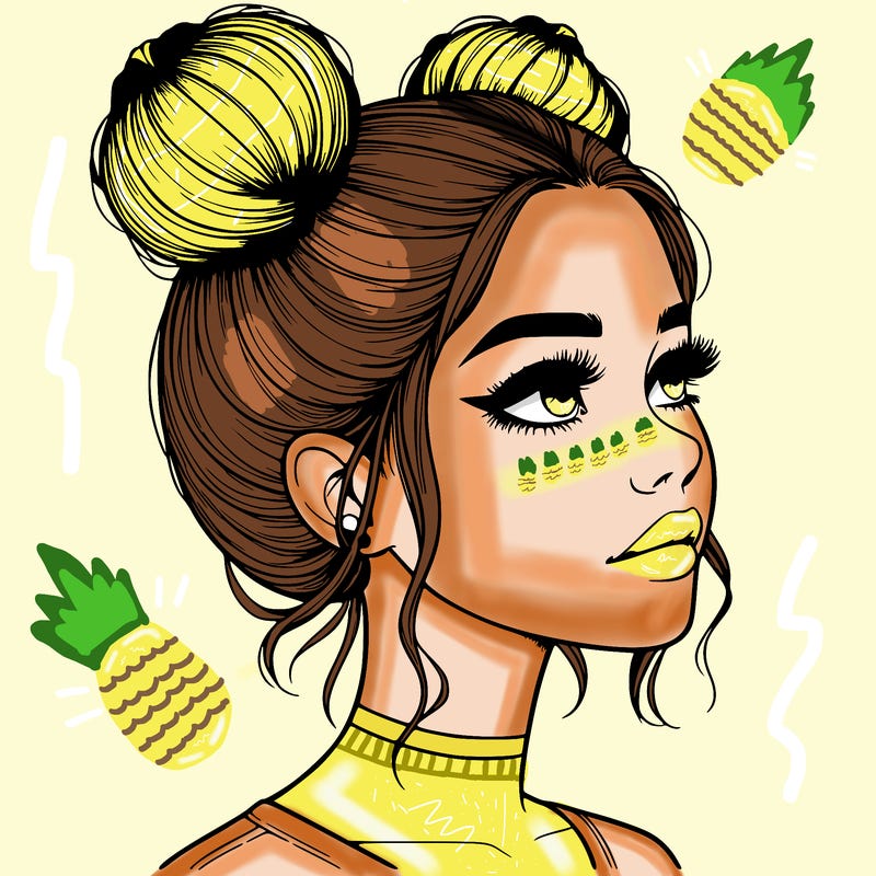 realistic girl with buns on the top of her head