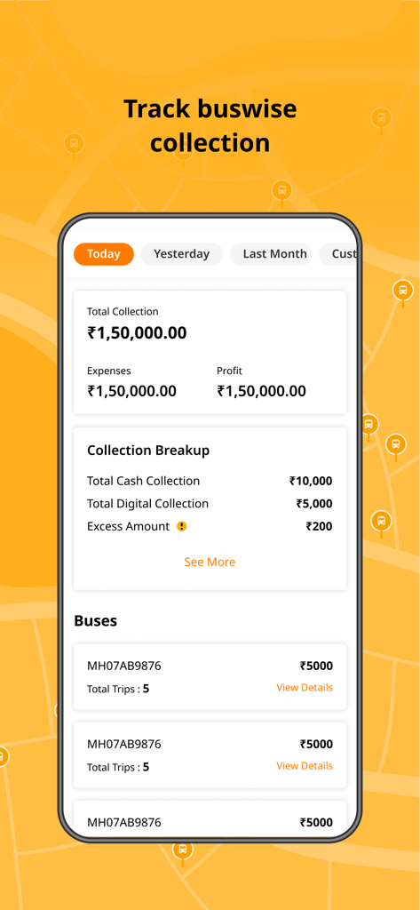 Chalo Bus Partner - Chalo Bus Partner app screen showing total collection expenses and profit by bus