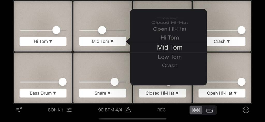 Drum pad interface with volume sliders and sound selection menu in Rhythm Pad Pro.