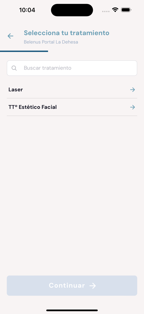 Belenus - Belenus app screen for selecting between laser and facial aesthetic treatments.
