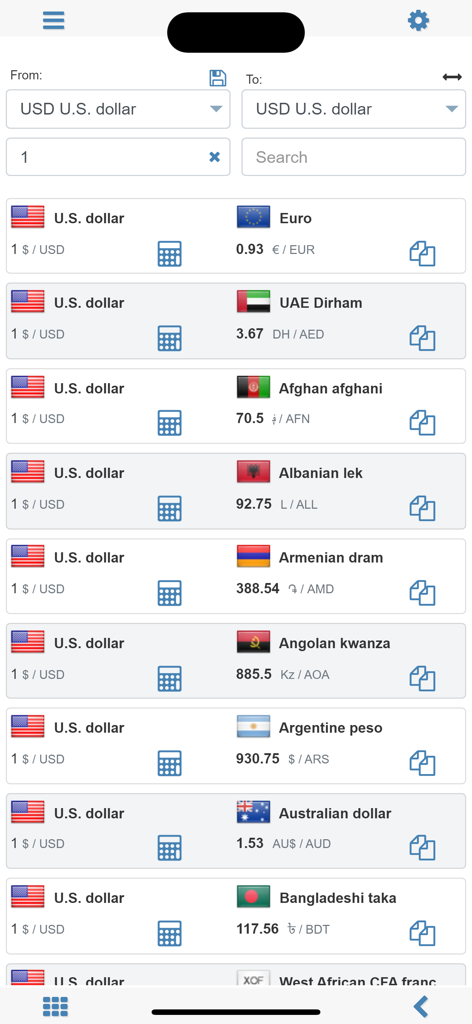 Unit converter MxUnit Pro - Currency converter screen in the MxUnit Pro app displaying exchange rates for multiple global currencies