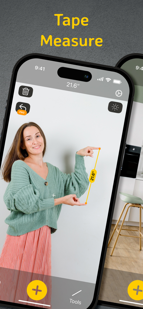 A person using the Tape Measure AR Ruler app on an iPhone to measure a distance in a room.