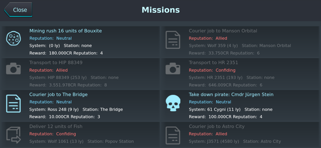 Una lista de misiones espaciales disponibles en el menú del juego Galaxy Genome, que incluye tareas de transporte minero y caza de piratas.