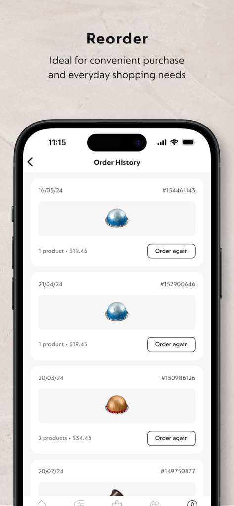 Nespresso Store - Nespresso Storeアプリのインターフェースに、注文履歴とコーヒーポッドの再注文ボタンが表示されています。