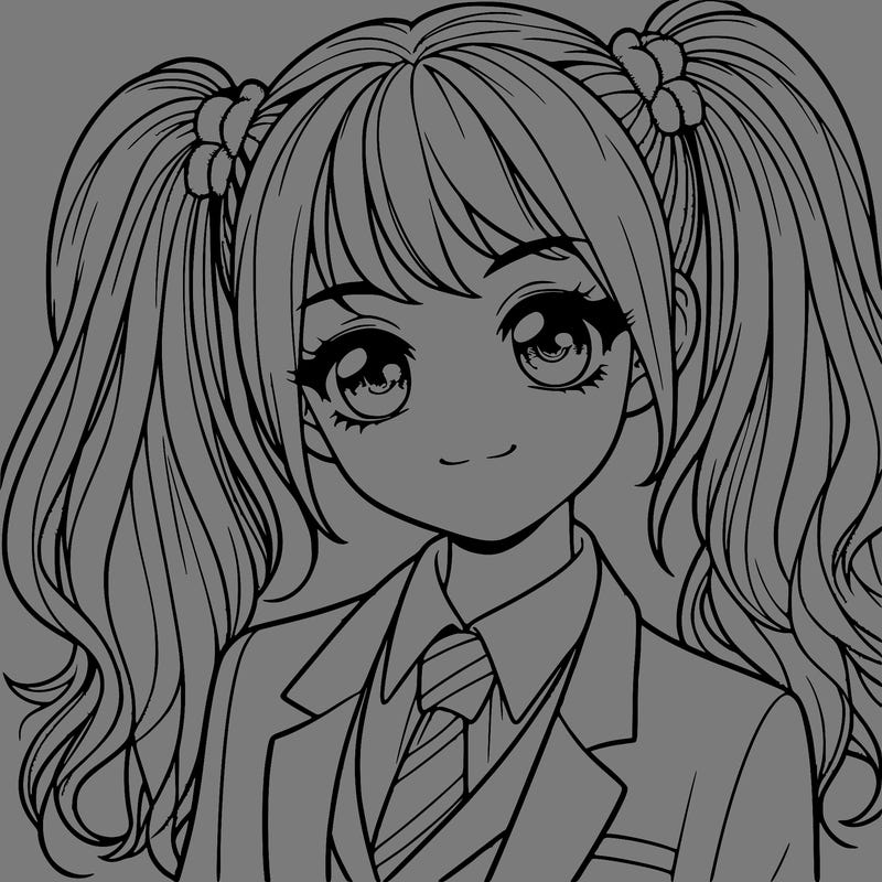 realistic girl with two ponytails and a suit on