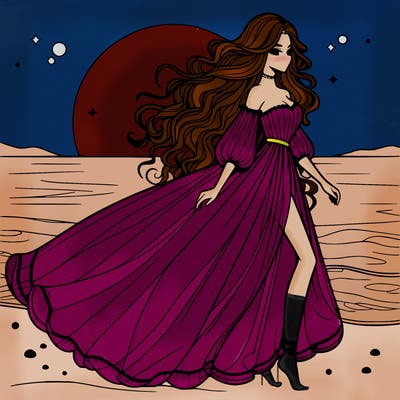 beautiful woman with a vaporous long dress walking on the beach at the noon, detailed art