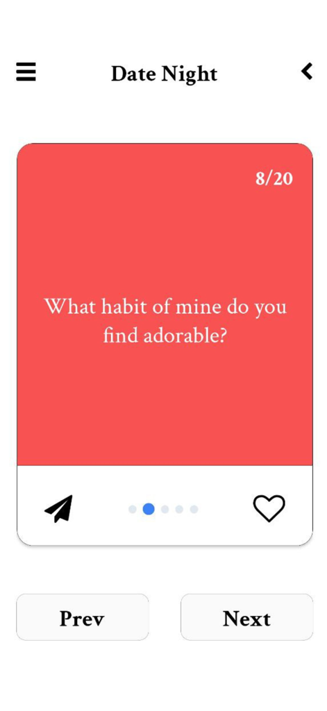 Cairds app showing a date night conversation starter question on a red card