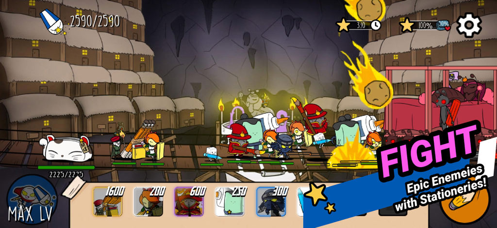 Cute stationery characters battling enemies in a tower defense game scene
