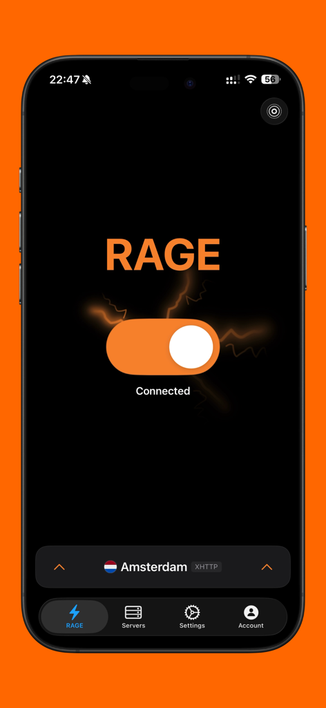 RAGE - Unlimited Access - RAGE app main dashboard showing a successful connection with a minimalist dark design and orange accent