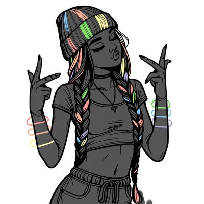 realistic teenage girl with braids and a beanie and crop top doing 🫶🏼