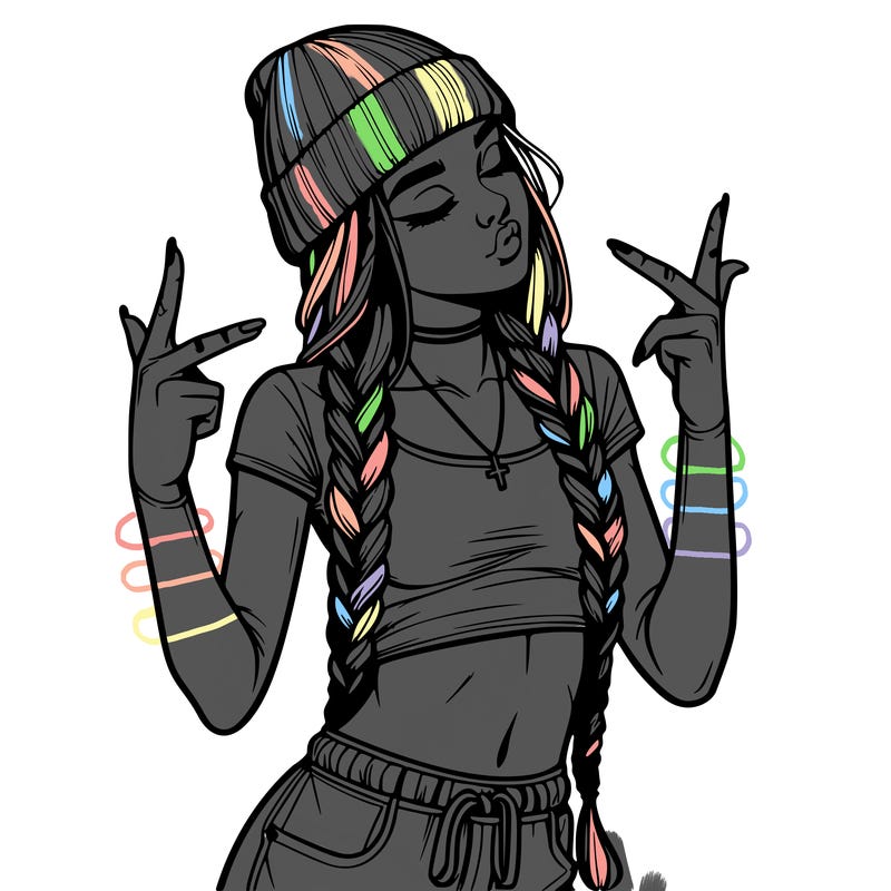 realistic teenage girl with braids and a beanie and crop top doing 🫶🏼