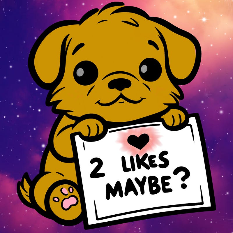a puppy holding a sign that says 2 likes maybe?