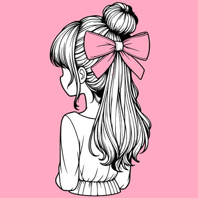 realistic girl  with hip length hair a bun and a big bow on the back of head